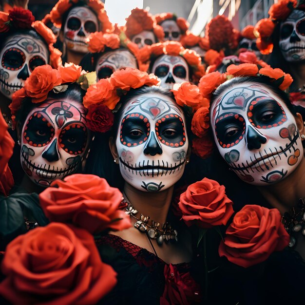 Personas celebrando el Día de Muertos en México con pinturas faciales de calaveras y flores.