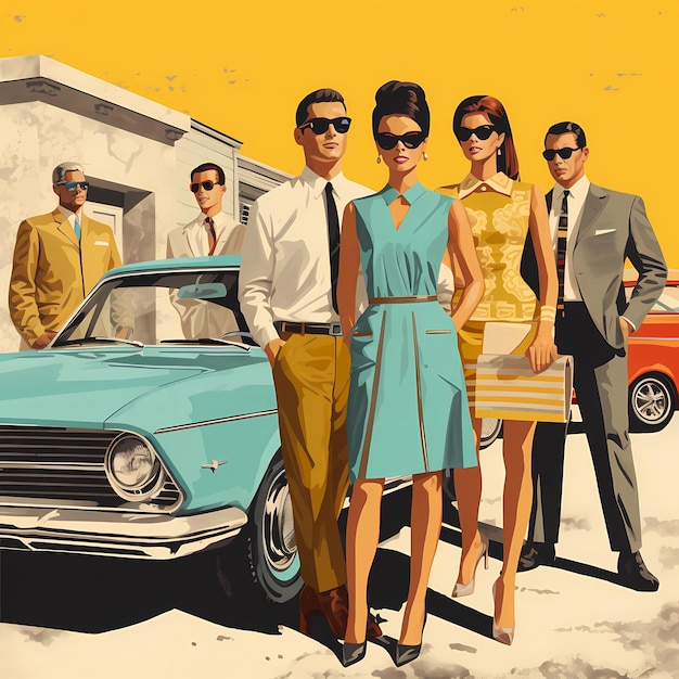 personas y coches en el estilo de los años 60 ai generado