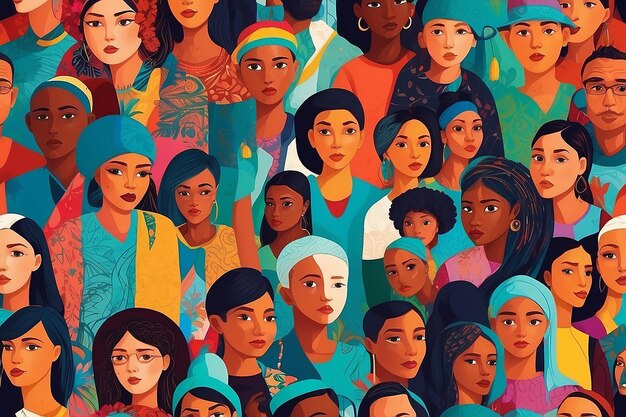 Personas coloridas y diversas multitud arte abstracto patrón sin costuras comunidad multiétnica