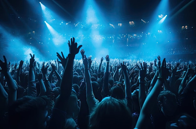 personas en un concierto con las manos en alto en el estilo de las imágenes icónicas del rock and roll