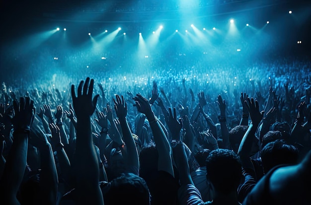 personas en un concierto con las manos en alto en el estilo de las imágenes icónicas del rock and roll