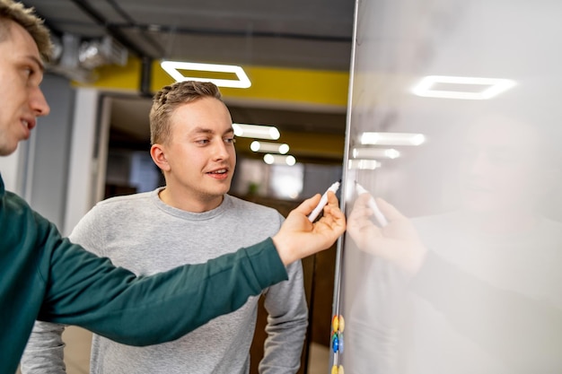 Personas creativas que se reúnen en la oficina y usan notas post-it para compartir ideas Proceso de trabajo en equipo Concepto de lluvia de ideas