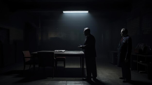 Foto personas en un cuarto oscuro discutiendo algo.