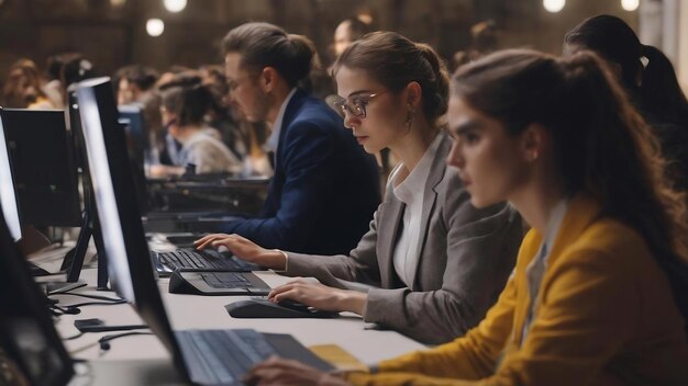 Personas desenfocadas trabajando en computadoras