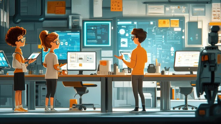 Foto personas de dibujos animados de fuerza de trabajo digital que abrazan la tecnología en una oficina automatizada