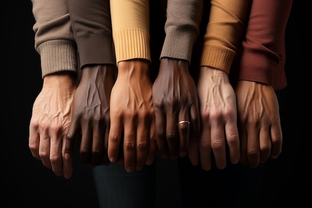 Foto personas con diferentes colores de piel en un fondo oscuro concepto de diversidad e igualdad