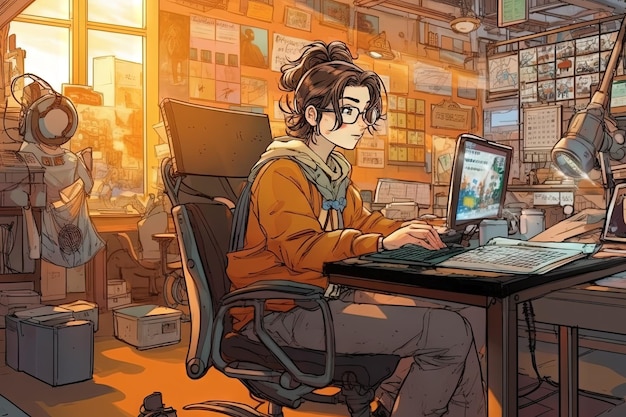 Personas con discapacidad en el entorno laboral ilustración de estilo manga ai generativo