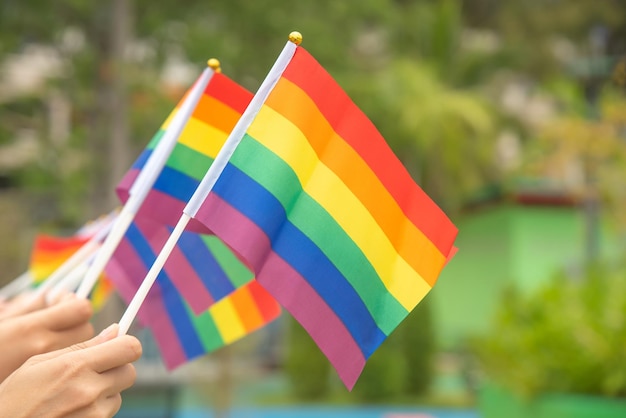 Personas de la diversidad manos levantando coloridas banderas del arco iris lgbtq juntas un símbolo para la comunidad LGBT