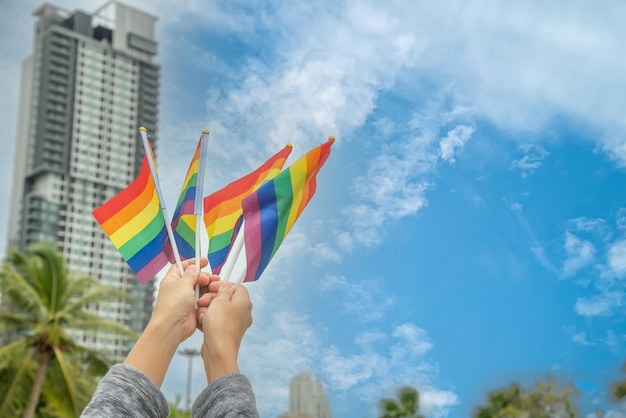 Personas de la diversidad manos levantando coloridas banderas del arco iris lgbtq juntas un símbolo para la comunidad LGBT