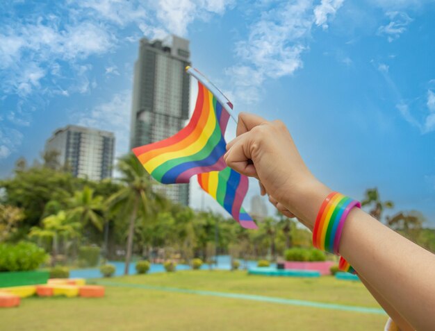 Personas de la diversidad manos levantando coloridas banderas del arco iris lgbtq juntas y usan Rocket Wristband LGBT