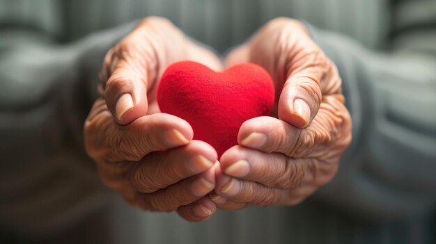 Personas de edad avanzada o abuelos con manos con corazones rojos en apoyo del cuidador familiar de enfermería para el concepto nacional de cuidado paliativo de hospicio y el mes de cuidadores familiares