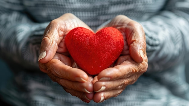 Personas de edad avanzada o abuelos con manos con corazones rojos en apoyo del cuidador familiar de enfermería para el concepto nacional de cuidado paliativo de hospicio y el mes de cuidadores familiares