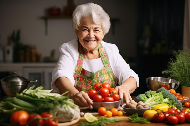 personas de edad avanzada que preparan alimentos saludables