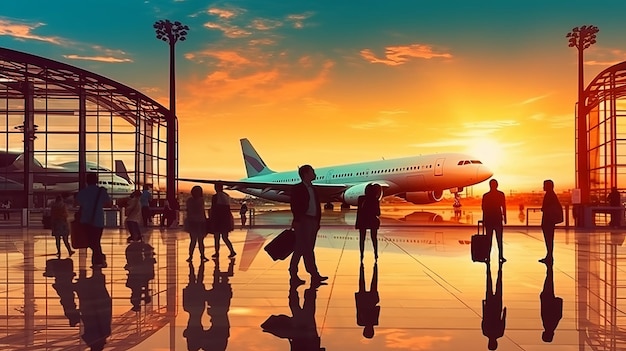 Personas y equipaje de viaje caminando en el edificio de la terminal del aeropuerto con el cielo puesto de sol en la escena urbana y el fondo del vuelo del avión