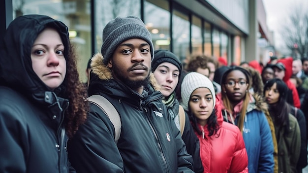 Foto personas esperando en fila para entrar a un edificio