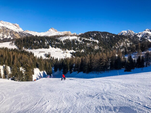 Personas esquiando en montañas cubiertas de nieve contra un cielo azul claro