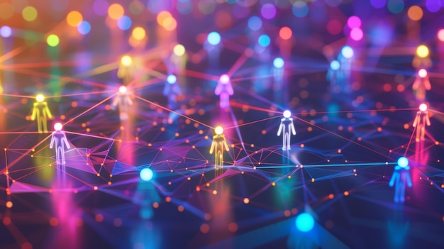 Las personas están interconectadas dentro de una vibrante red digital que está iluminada por luces coloridas y dinámicas