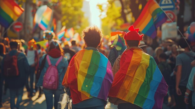 Foto personas festivas con lgbt y desfiles de banderas en la calle en el mes del orgullo