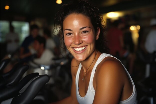 Personas en forma que se entrenan en clase de spinning en el gimnasio, que andan en bicicleta en el gimnasio, que hacen entrenamiento cardio, que hacen ejercicio.