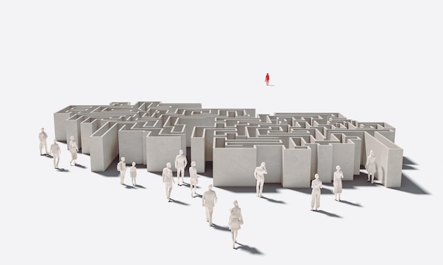Personas frente a un laberinto. modelos de renderizado 3d