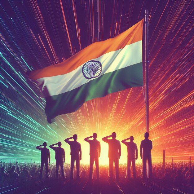 Foto personas indias con la bandera de la india bandera de la india contra el fondo de la puesta de sol con rayos de luz