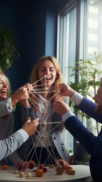 personas jugando un juego de hilo con uno de ellos tirando de la cuerda