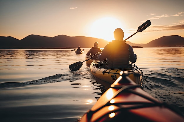 Personas en kayak durante la puesta de sol Ilustración AI generativo