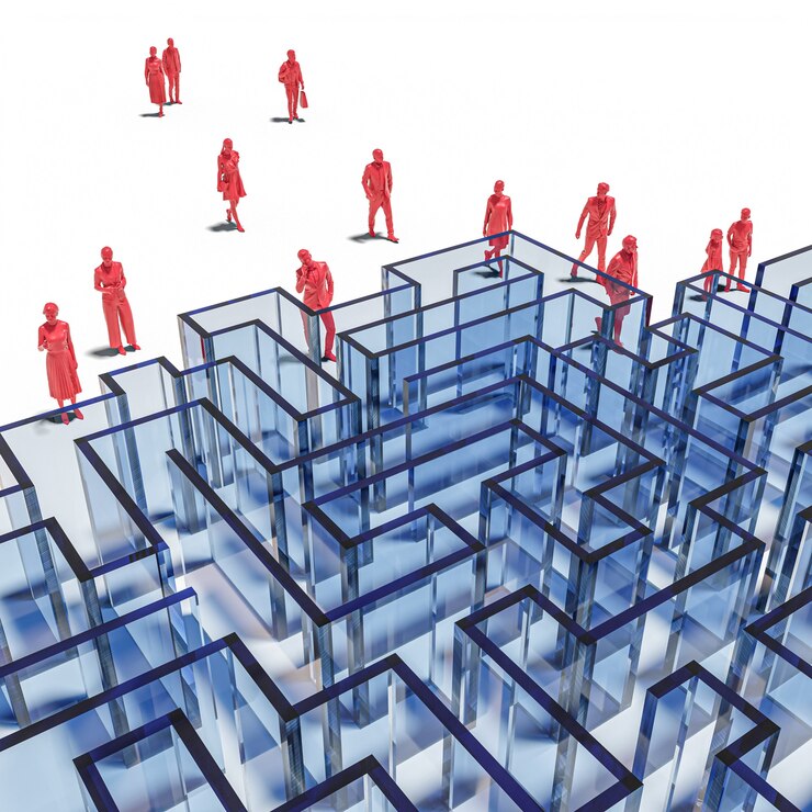 Foto personas y laberinto transparente azul. concepto de desafío. render 3d