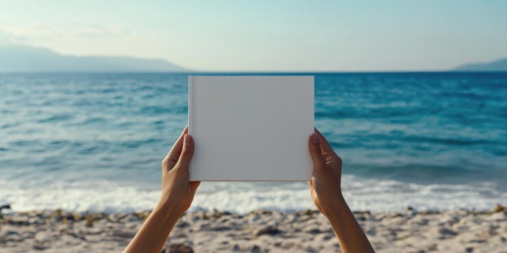Personas con un libro en la mano con el océano en el fondo