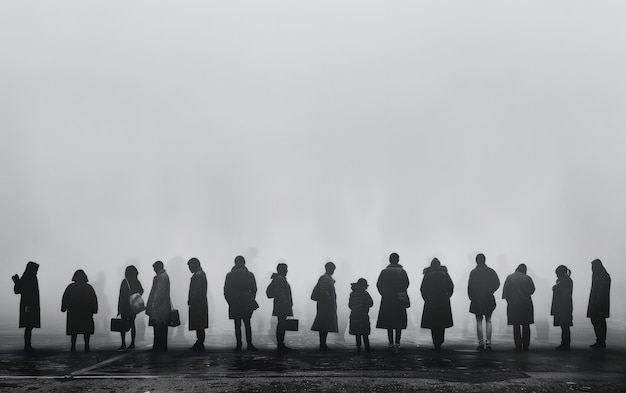 personas en una línea de pie separadas en una carretera vista de distancia foto en blanco y negro