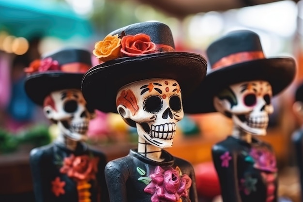 Personas con máscaras mortuorias y esqueletos.