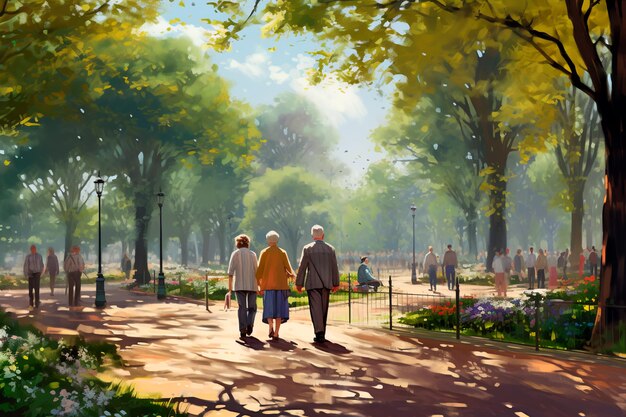 Las personas mayores caminan en el parque de arte los abuelos caminan en la naturaleza generada por IA