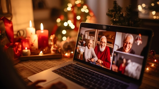 Personas mayores celebrando la Navidad en video llamada fiesta con computadora portátil en casa vacaciones