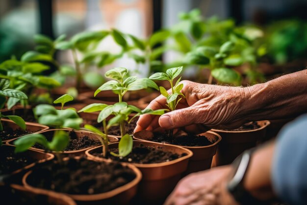 Foto personas mayores cultivando plantas de interior en un fondo de granja urbana moderna con espacio vacío para texto