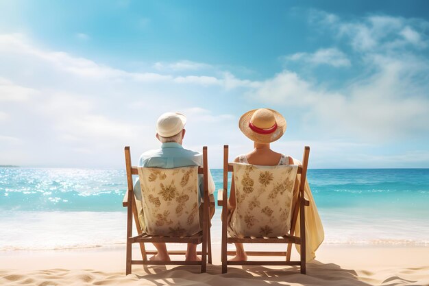 Personas mayores felices disfrutando de la jubilación con una playa por la mañana