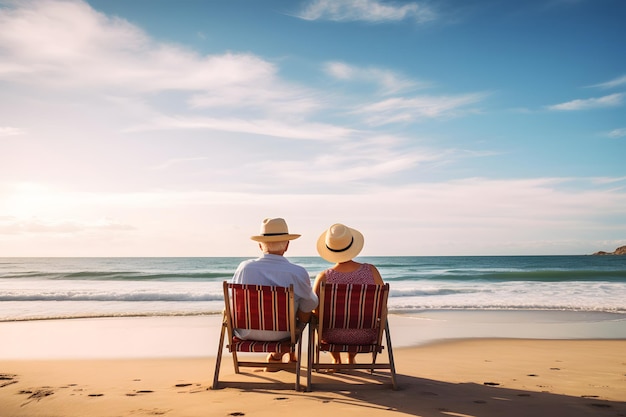 Personas mayores felices disfrutando de la jubilación con una playa por la mañana