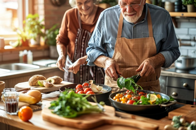 Personas mayores felices preparan comida vegana en casa en una cocina moderna IA generativa