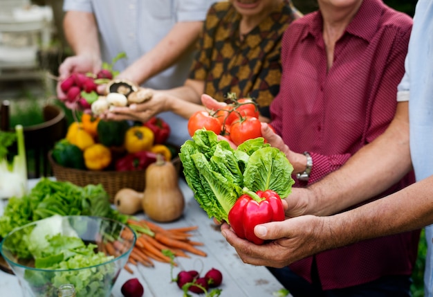 Personas mayores manos sosteniendo vegetal orgánico fresco