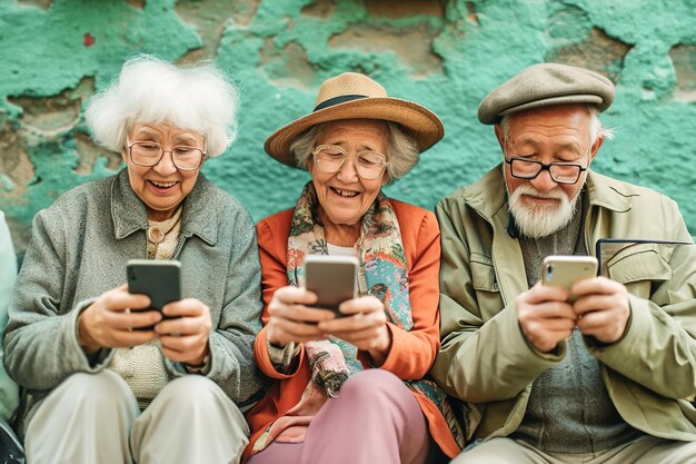 Personas mayores que abrazan las redes sociales y se conectan con sus compañeros