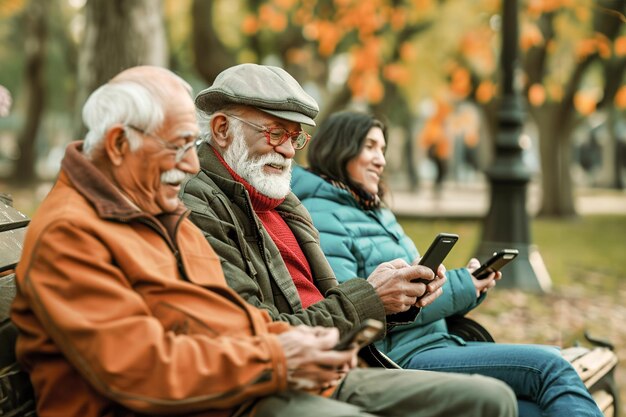 Foto personas mayores que abrazan las redes sociales y se conectan con sus compañeros