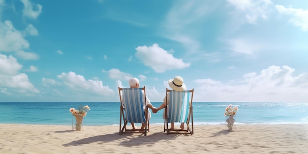 Personas mayores que disfrutan de la jubilación en la playa por la mañana Ai generativo