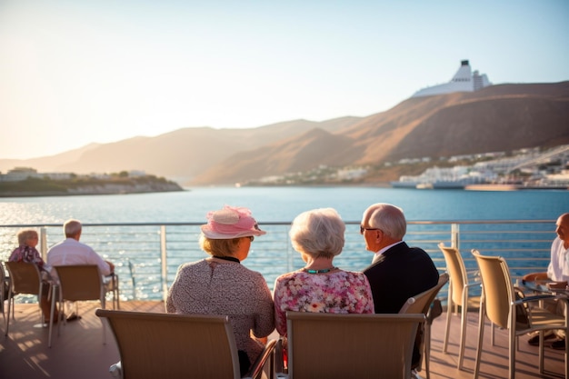 Foto personas mayores sentadas en la cubierta de un lujoso crucero de pasajeros con una hermosa vista aérea con un crucero