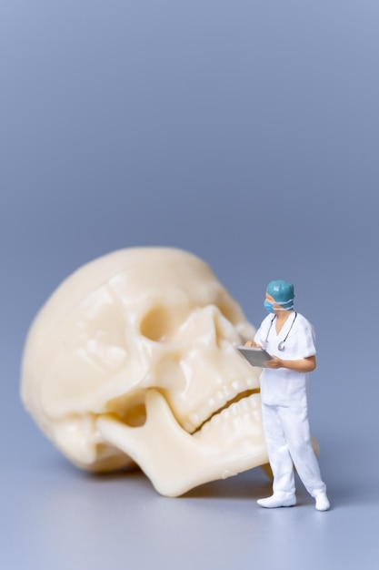 Personas en miniatura Doctor con un cráneo humano gigante sobre un fondo gris