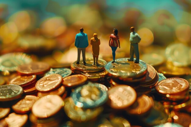 Foto personas en miniatura en monedas que ilustran la brecha salarial racial