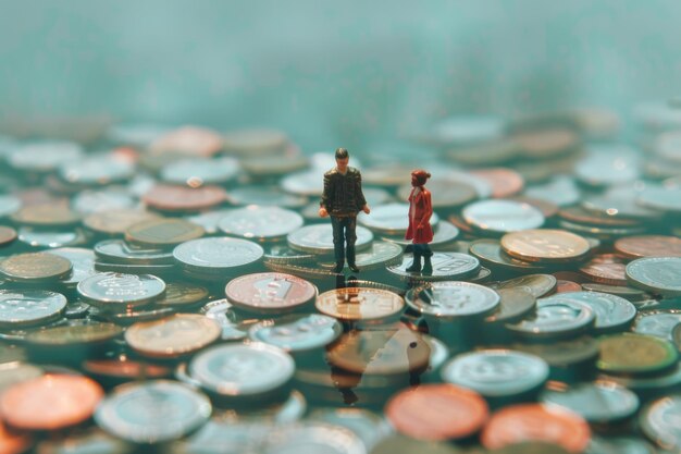 Foto personas en miniatura en monedas que representan la disparidad salarial racial