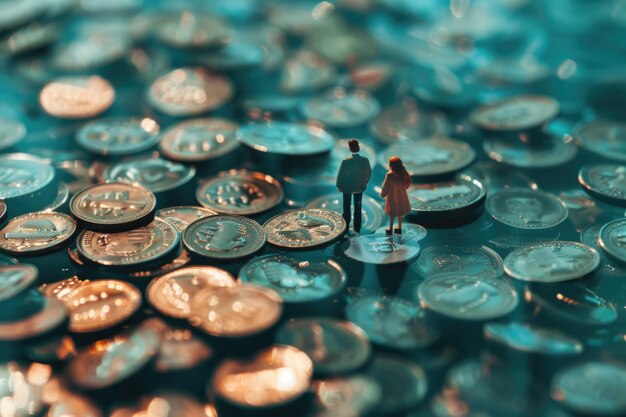 Foto personas en miniatura en monedas que representan la disparidad salarial racial