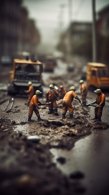 Personas en miniatura trabajando en una calle con un camión al fondo