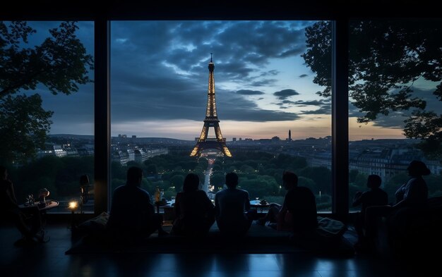 Personas mirando la Torre Eifel junto a una ventana IA generativa