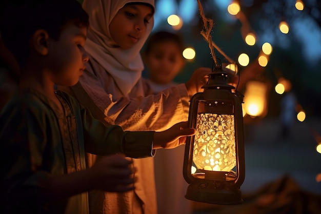 Personas musulmanas con antorchas celebrando el Eid Mubarak