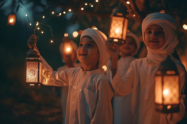 Personas musulmanas con antorchas celebrando el Eid Mubarak